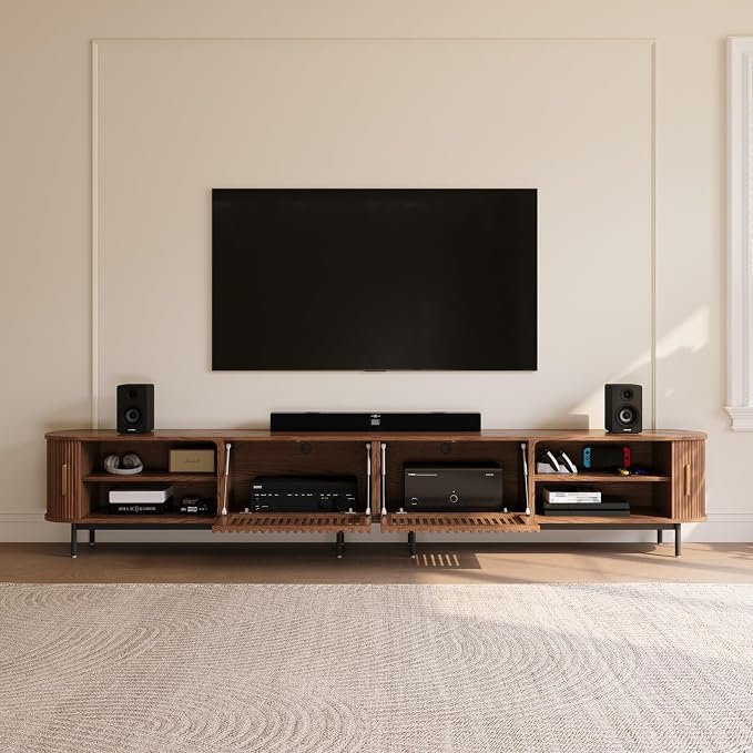 POVISON Fully-Assembled Sliding Tambour Door TV Stand, Mid Century Modern TV - Image 3
