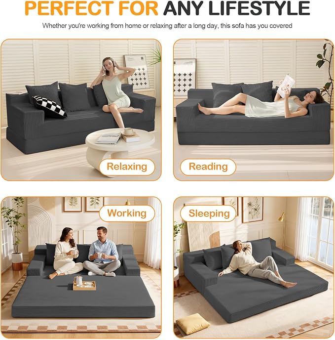 Erament 3 Seater Boneless Couch Sofa Bed, Compression Convertible Futon Floor - Image 6
