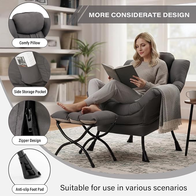 MBOOYOME Lazy Chair with Ottoman, Modern Accent Lounge Armchair with Armrests - Image 4