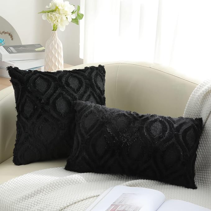 decorUhome Throw Pillow Covers 16x16 Inch Set of 2, Soft Plush Faux Wool Black - Image 6