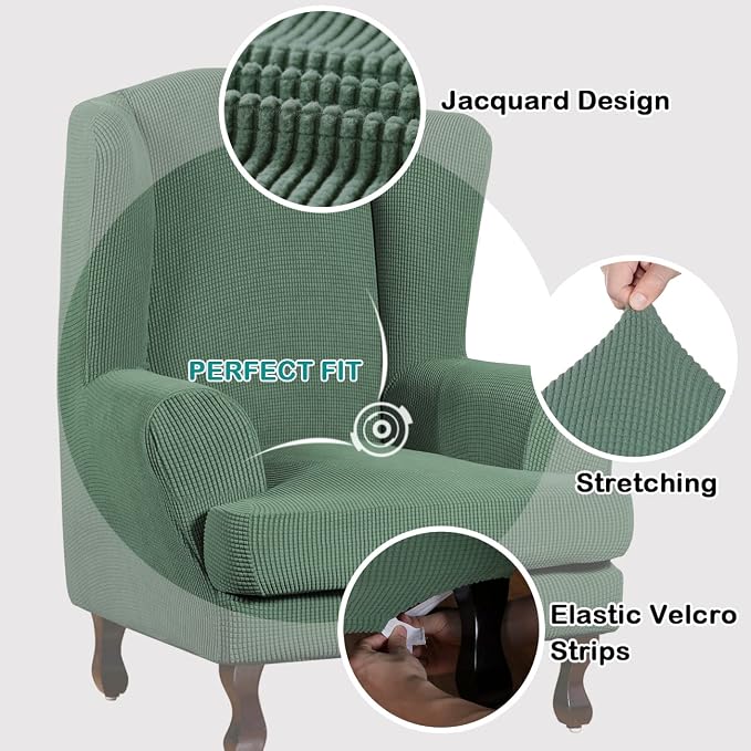 Turquoize Wingback Chair Covers 2 Piece Wing Chair Slipcover Stretch Slipcovers - Image 3