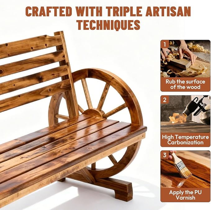VINGLI Rustic Wooden Wheel Bench Outdoor Bench, Patio Bench Wagon Slatted Seat - Image 5