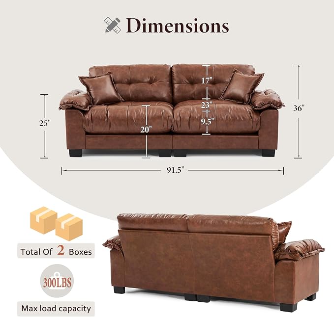 Faux Leather Sofa, Mid Century Modern Deep Loveseats, Comfy Cloud Couch - Image 2