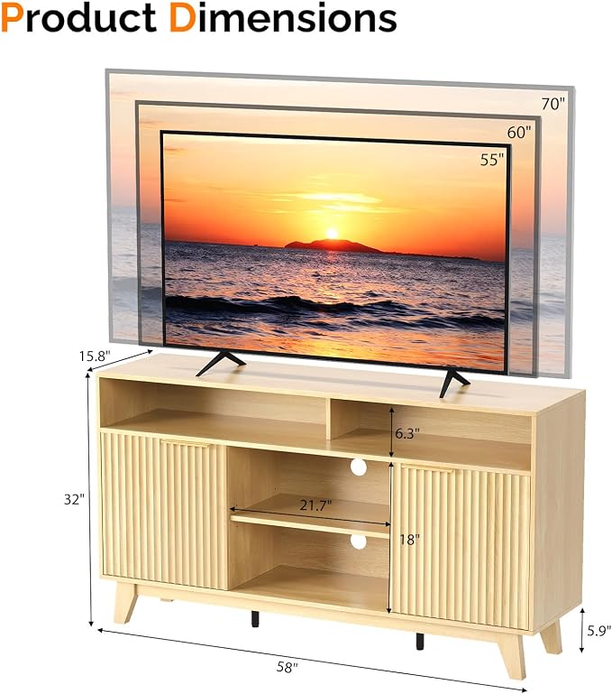 VINGLI Boho Fluted TV Stand for 70 Inch TV, Tall Wooden TV Console - Image 6