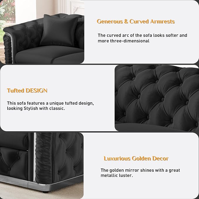 84.6" Luxury Chesterfield Sofa Velvet Tufted Sofa Black and Silver Couch - Image 4