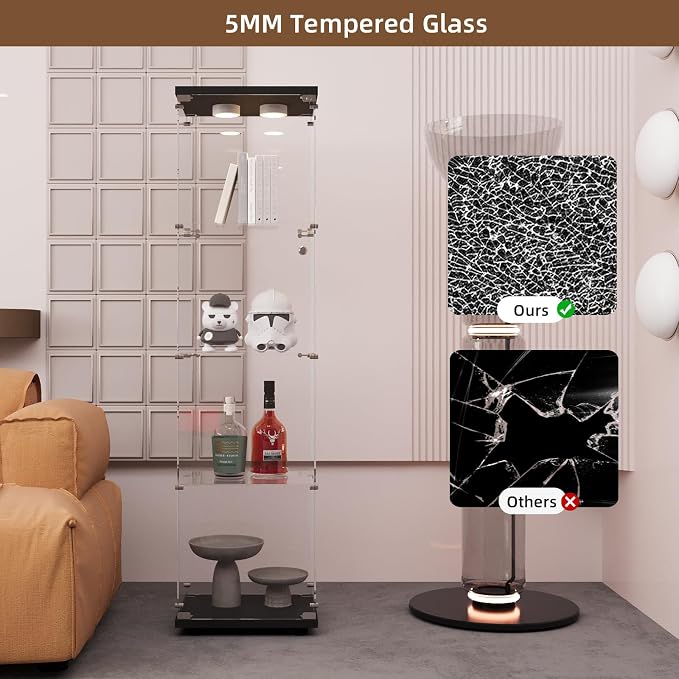 Glass Display Cabinet with LED Light and Lock, 4-Shelf Fast Installation Curio - Image 5
