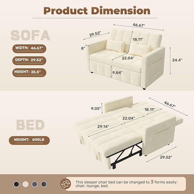 Nebuaegis Sleeper Sofa Bed, 3-in-1 Convertible Pull Out Couch - Image 2