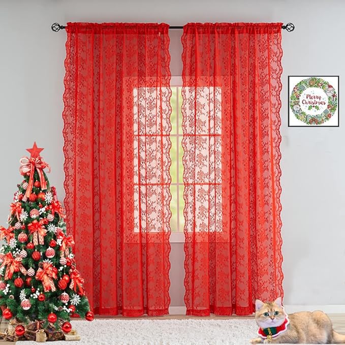 YJ YANJUN Vintage Lace Curtains 96 Inches Long-Victorian Floral Pattern Red by YJYANJUN