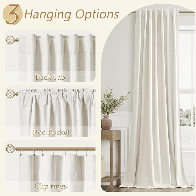Guken 100% Blackout Cream Linen Curtains 52 Inch Wide by124 Inch 2 Panels Set - Image 6