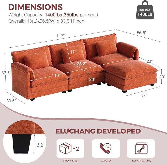 ELUCHANG Oversized 113" Modular Sectional Sofa, Comfy Cloud Couch, L Shaped - Image 2
