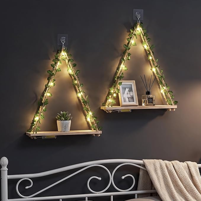 RICHER HOUSE Artificial Ivy LED-Strip Wall Hanging Shelves, Macrame Shelf - Image 4