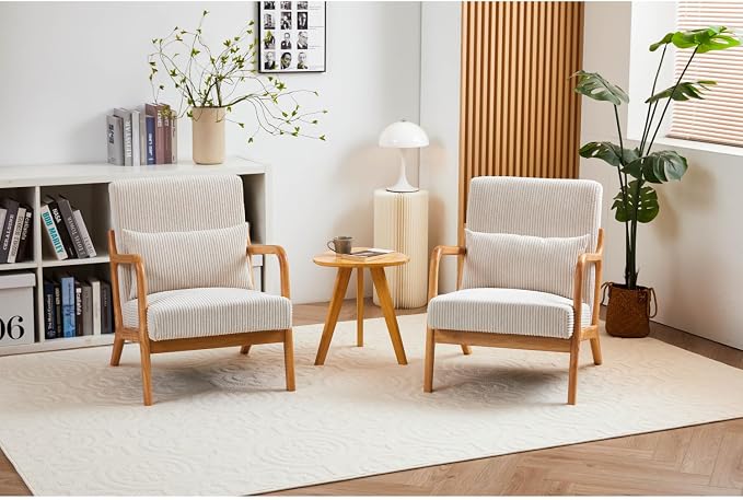 Mid-Century Modern Accent Chair Beige Rubberwood Frame Living Room Bedroom - Image 3
