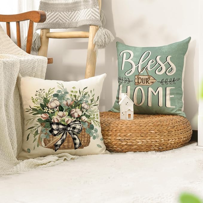 AVOIN colorlife Bless Our Home Farmhouse Eucalyptus Leaves Throw Pillow Covers - Image 5