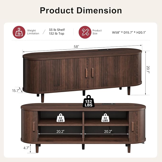 58" Mid Century Modern TV Stand, Wood TV Consoles - Image 3