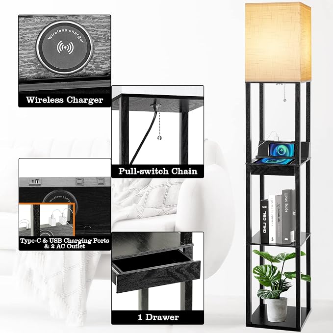 Floor Lamp with Shelves, RUNTOP LED Shelf Floor Lamp with Wireless Charger & 2 - Image 4