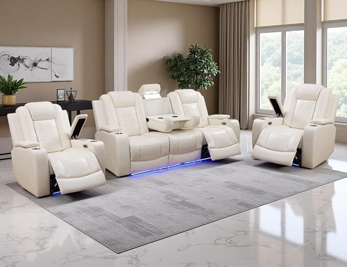 Power Recliner Sofa Set, Leather Reclining Couch & Chair Set, Living Room by LYfurniture