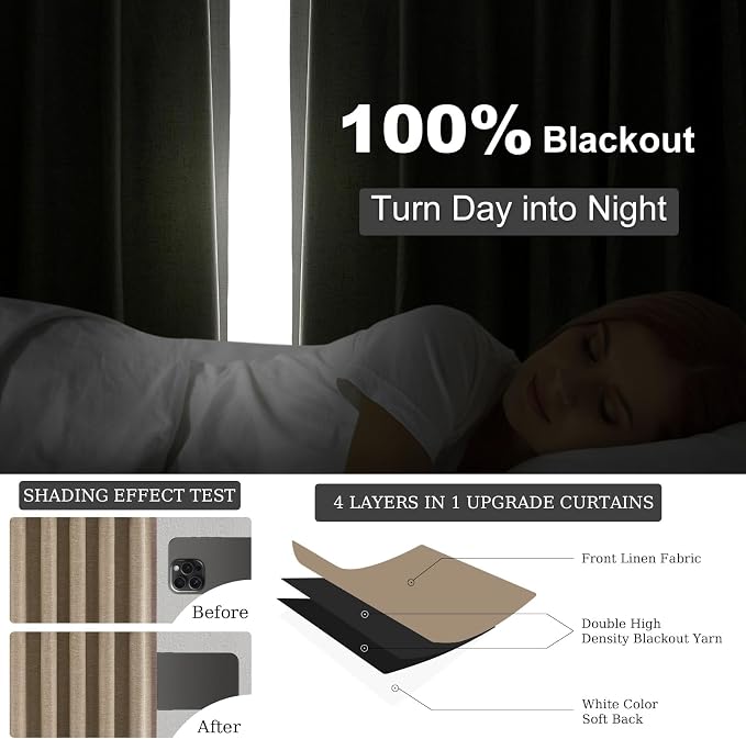 Topfinel 94 Inches Long Taupe Flax Custom Blackout Linen Curtains, Viral Ivory - Image 6