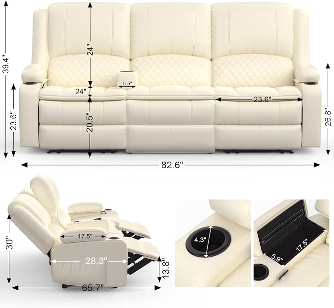 Yolsali Recliner Sofa, 3 Seater Manual Reclining Sofa - Image 2