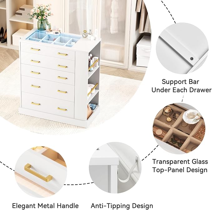 Drawer Dresser with LED Lights and Open Shelves, Modern Tall Chest of Drawers - Image 8