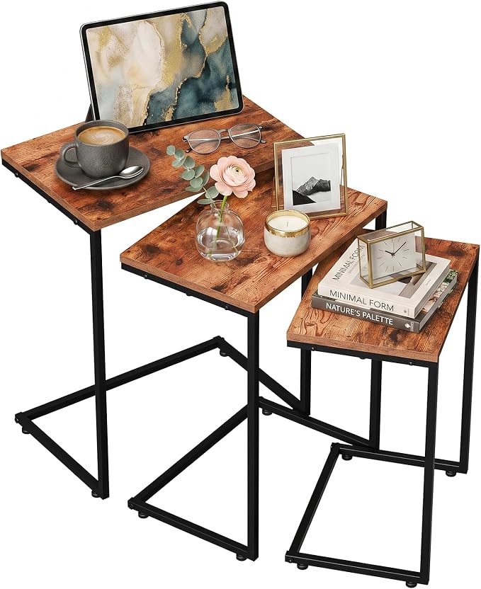 SUPER DEAL Nesting Tables Set of 3, Industrial C Shaped End Table Stackable - Image 7