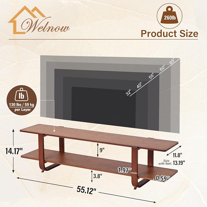 Welnow Low Bamboo TV Stand for Up to 65 Inch, Small Mid Century Modern - Image 3