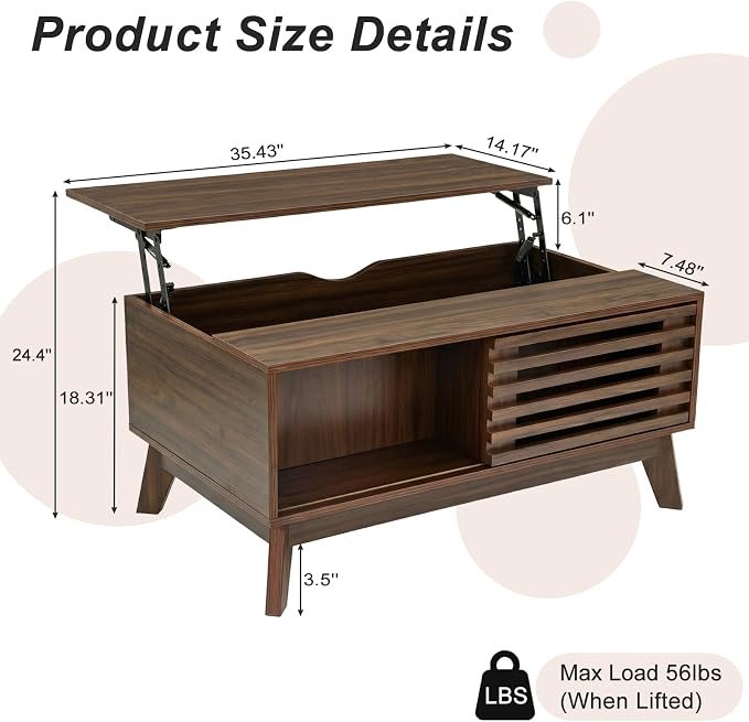 Lift Top Coffee Table with Storage 35 in, Mid Century Modern Living Room Table - Image 3