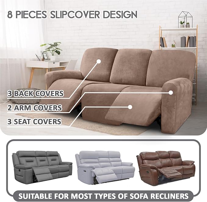 ULTICOR Velvet 8-Pieces Recliner Sofa Covers Stretch Reclining Couch Covers - Image 2