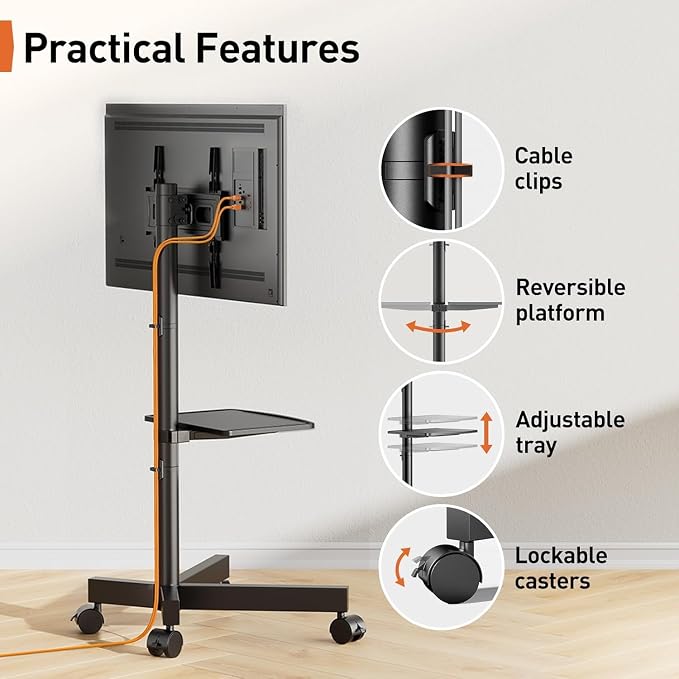 Perlegear Rolling TV Stand for 23-60 Inch LED Flat Screen/Curved TVs up to 88lbs - Image 7
