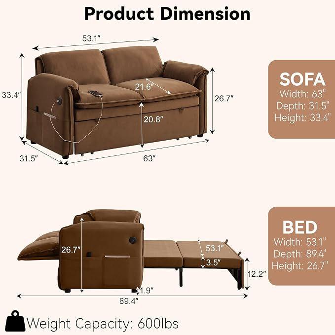 63" Velvet 3 in 1 Convertible Sleeper Sofa Bed, Pull Out Couch Bed Loveseat - Image 2