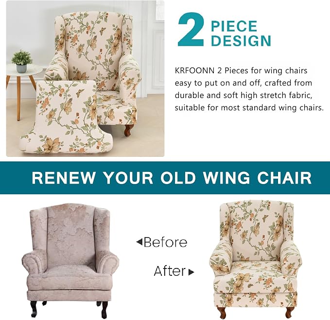 KRFOONN Wingback Chair Covers Slipcovers 2 Piece Stretch Wing Chair Covers - Image 4