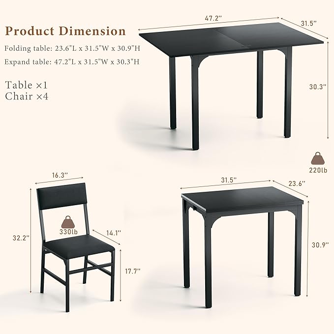 HUAHUU Dining Table Set for 4, Extendable Kitchen Table Cushion Chairs Set of 4 - Image 5