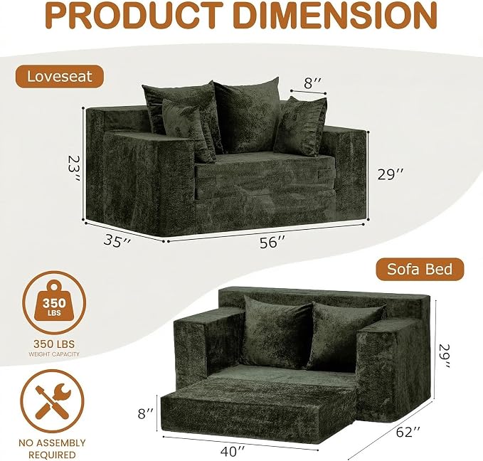 Loveseat Sofa Bed, Convertible Silky Velvet 5-in-1 Foldable Boneless Sleeper - Image 2
