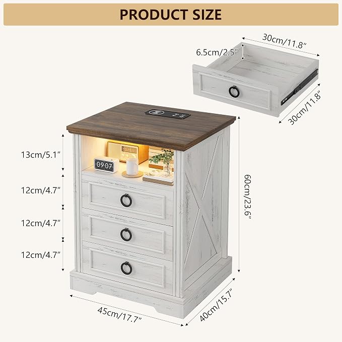 Nightstand Set 2 with Charging Station, Farmhouse End Side Table with 3 Drawers - Image 2