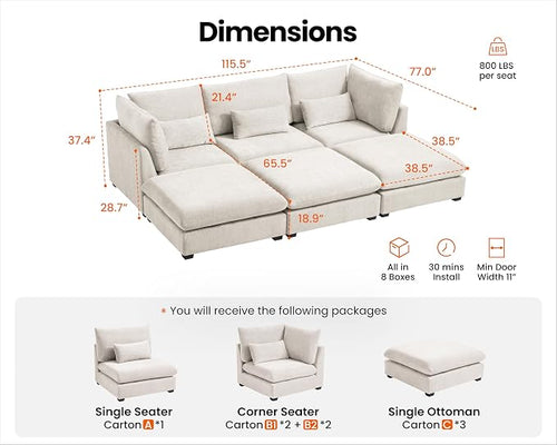 115" Oversized Chenille Couch Modular Sectional Sofa, Washable Cloud Couch - Image 2