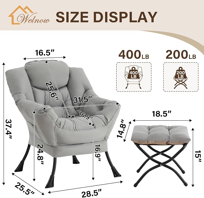 Welnow Lazy Chair with Ottoman, Modern Accent Chair with Armrests and a Side - Image 3