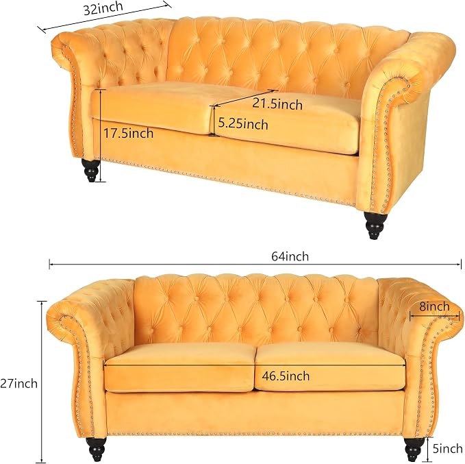ORRD 2 Piece Living Room Set, Velvet Chesterfield Sofa Loveseat Couch - Image 2