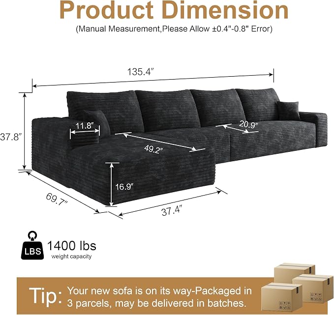 136" Sectional Couches for Living Room Cloud Couch Sofa - Image 2