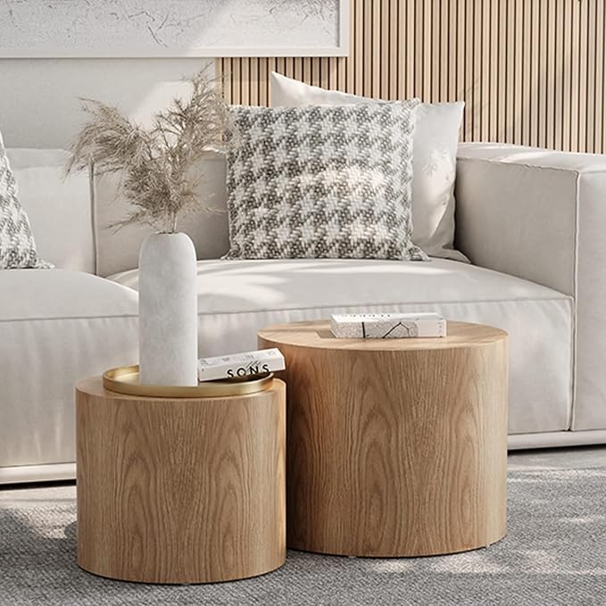 Small Round Coffee Table Nesting End Table Set of 2, Wood Side Circle Accent - Image 5