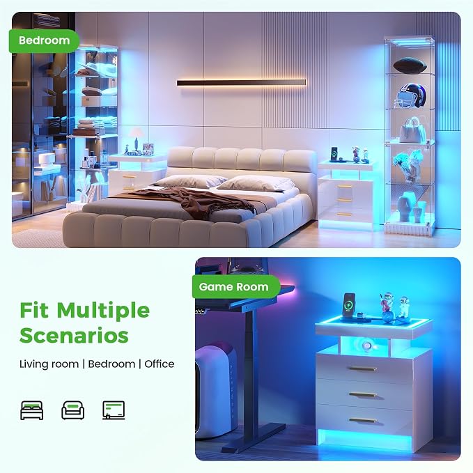 HNEBC Night Stand Set 2 with LED Lights, High Gloss Nightstand with 3 Drawers - Image 7