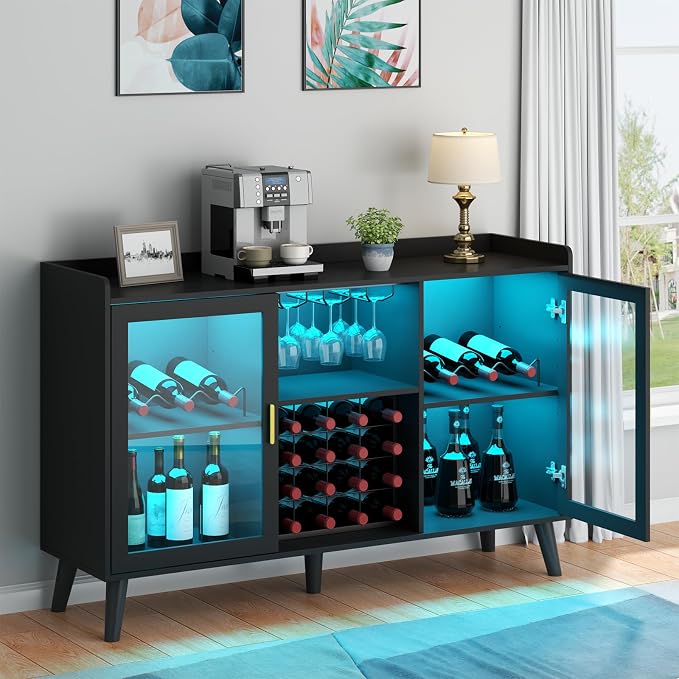 Loomie Wine Bar Cabinet with LED Light, Home Coffee Cabinet with Wine Rack and - Image 3