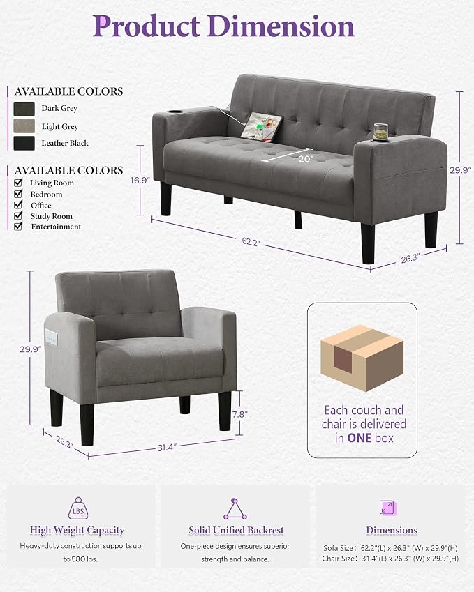 TYBOATLE Sofa Couch, Living Room Furniture Sectional Sofa Sets 2 Pic, Tufted - Image 2