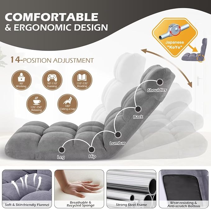 Folding Floor Gaming Chair 14-Poistion Cushioned Adjustable Floor Lazy Sofa - Image 5