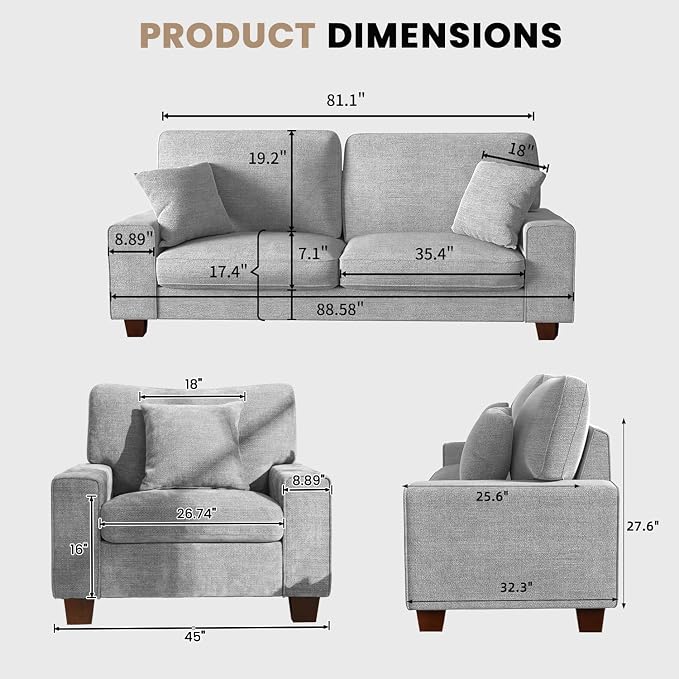 DOPEDIO Modern Living Room Sofa Set, 88.58" Chenille Loveseat - Image 2