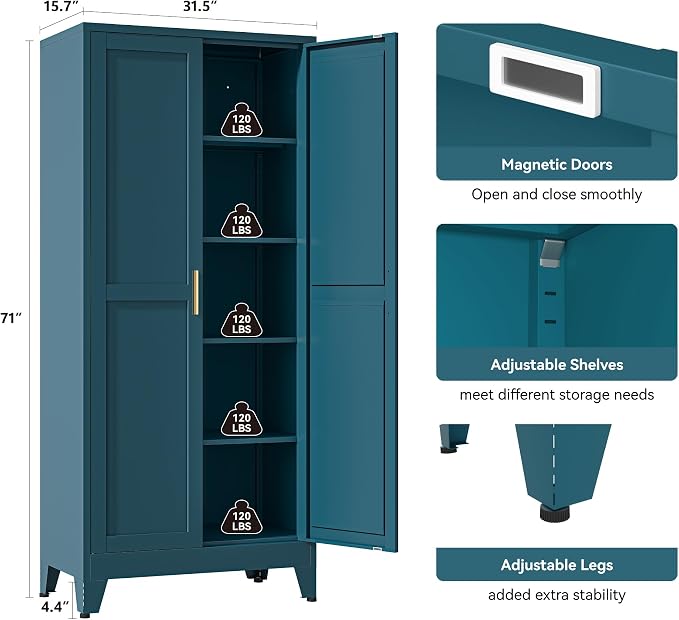 YAUWOH 71''Metal Cabinet with 4 Adjustable Shelves, 5-Tier Pantry Storage - Image 3