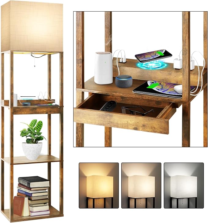 RUNTOP Floor Lamp with Shelves, Plus Shelf Lamp with Wireless Charger, 2 USB by RUNTOP