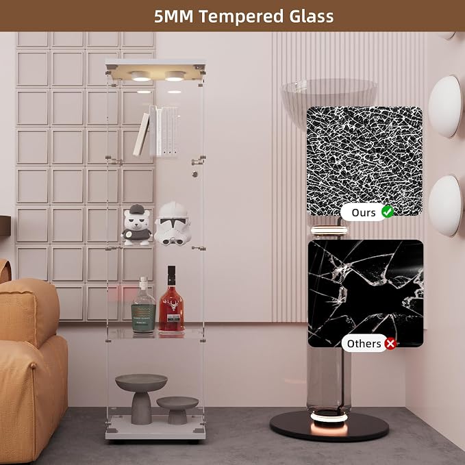 Glass Display Cabinet with LED Light and Lock, 4-Shelf Curio Cabinets with 5mm - Image 5