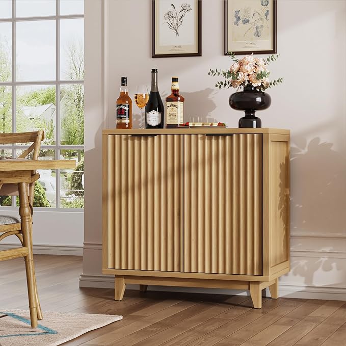 Fluted Coffee Bar Cabinet with Storage, Modern Sideboard Buffet Cabinet with - Image 8