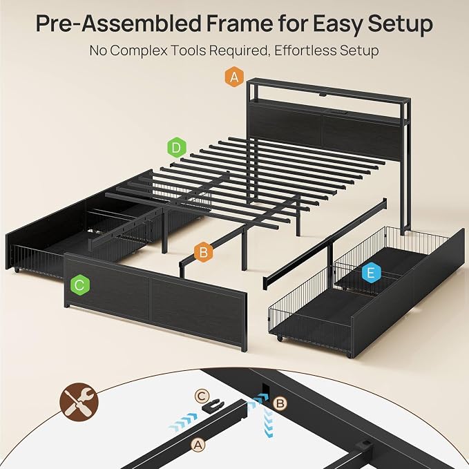Rolanstar Queen Bed Frame with 4 Storage Drawers, Charging Station and LED - Image 3