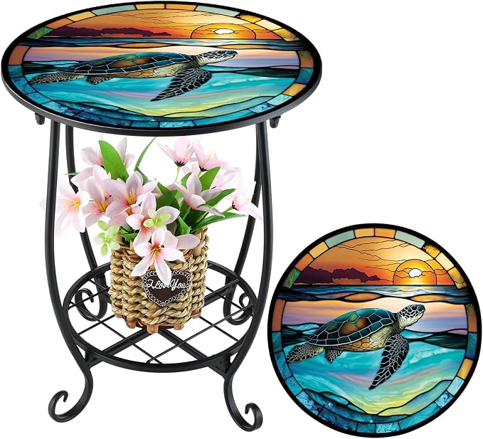 Cinnvoice Outdoor Side Table Round Small Mosaic Patio Accent Indoor End Plant by Cinnvoice