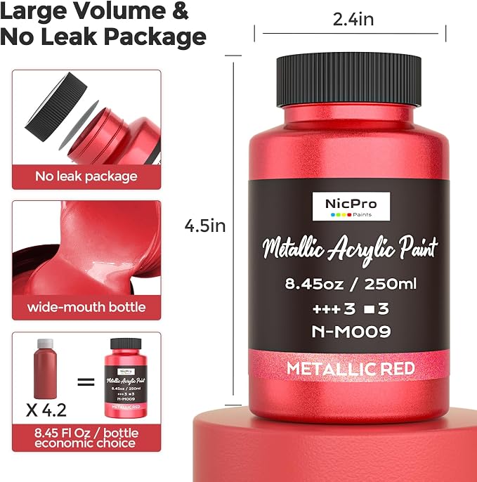 Nicpro Metallic Red Acrylic Paint, 8.45oz/250ml Large Metallic Paint, Non Toxic - Image 6